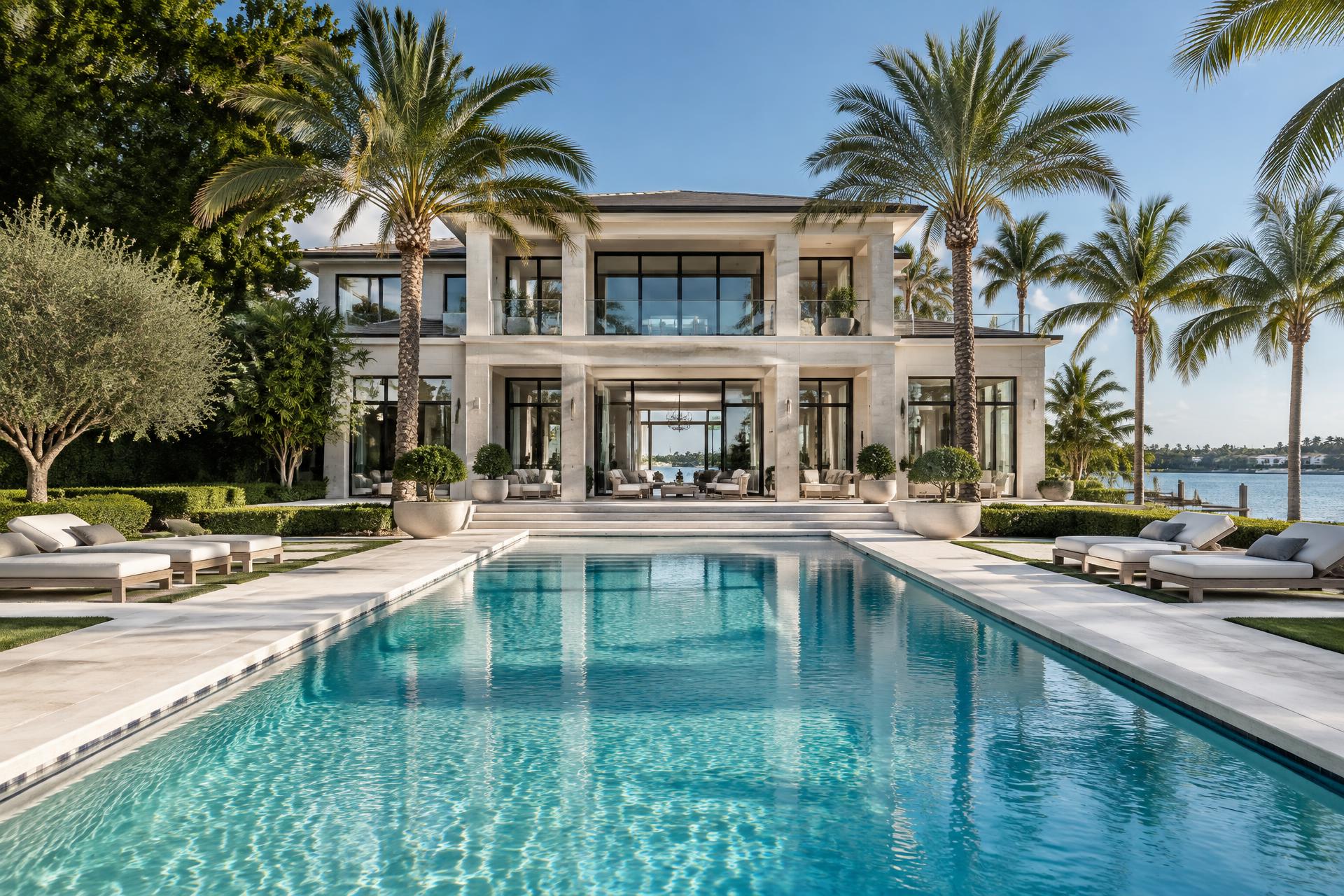 Contemporary Palm Beach waterfront home with a long pool